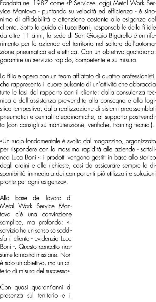 Fondata nel 1987 come «P Service», oggi Metal Work Service Mantova puntando su velocit ed efficienza   sinonimo di a...