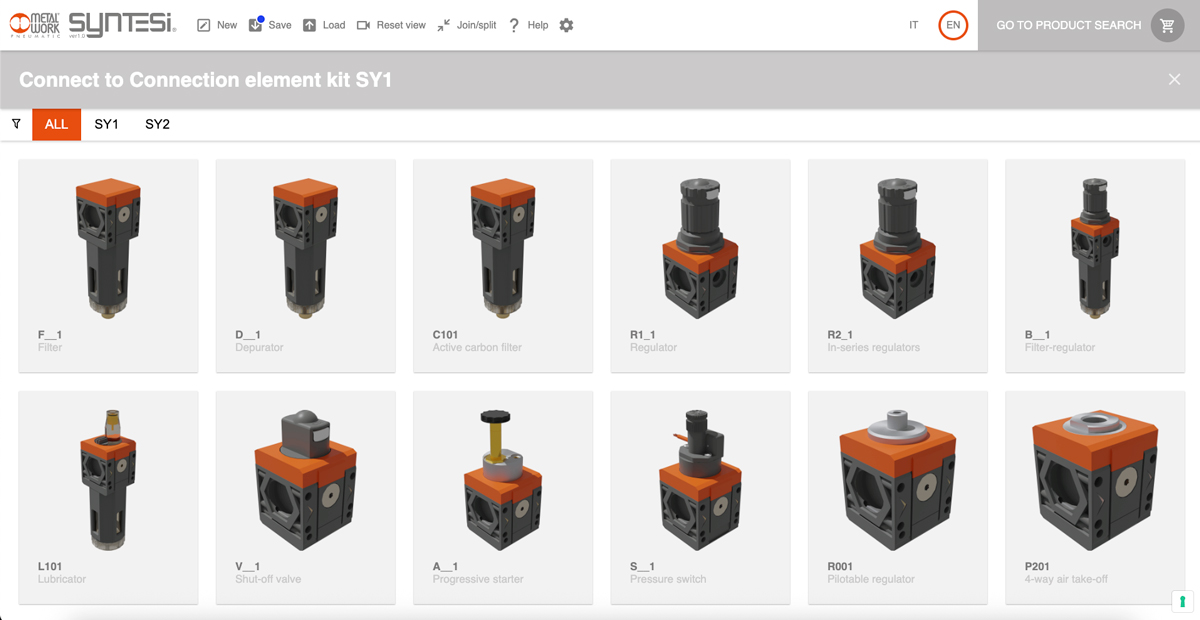 Meniul de produse al configuratorului Syntesi